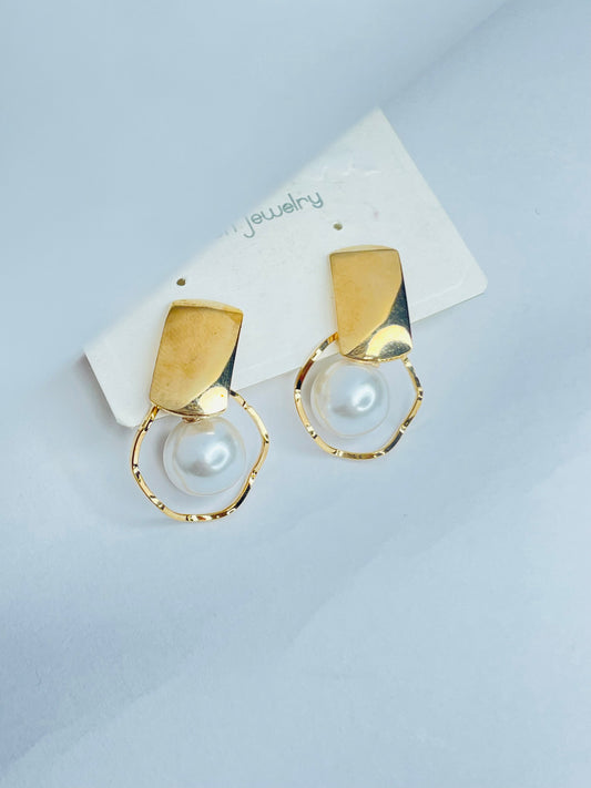 Modern Geometric Gold & Pearl Drop Earrings